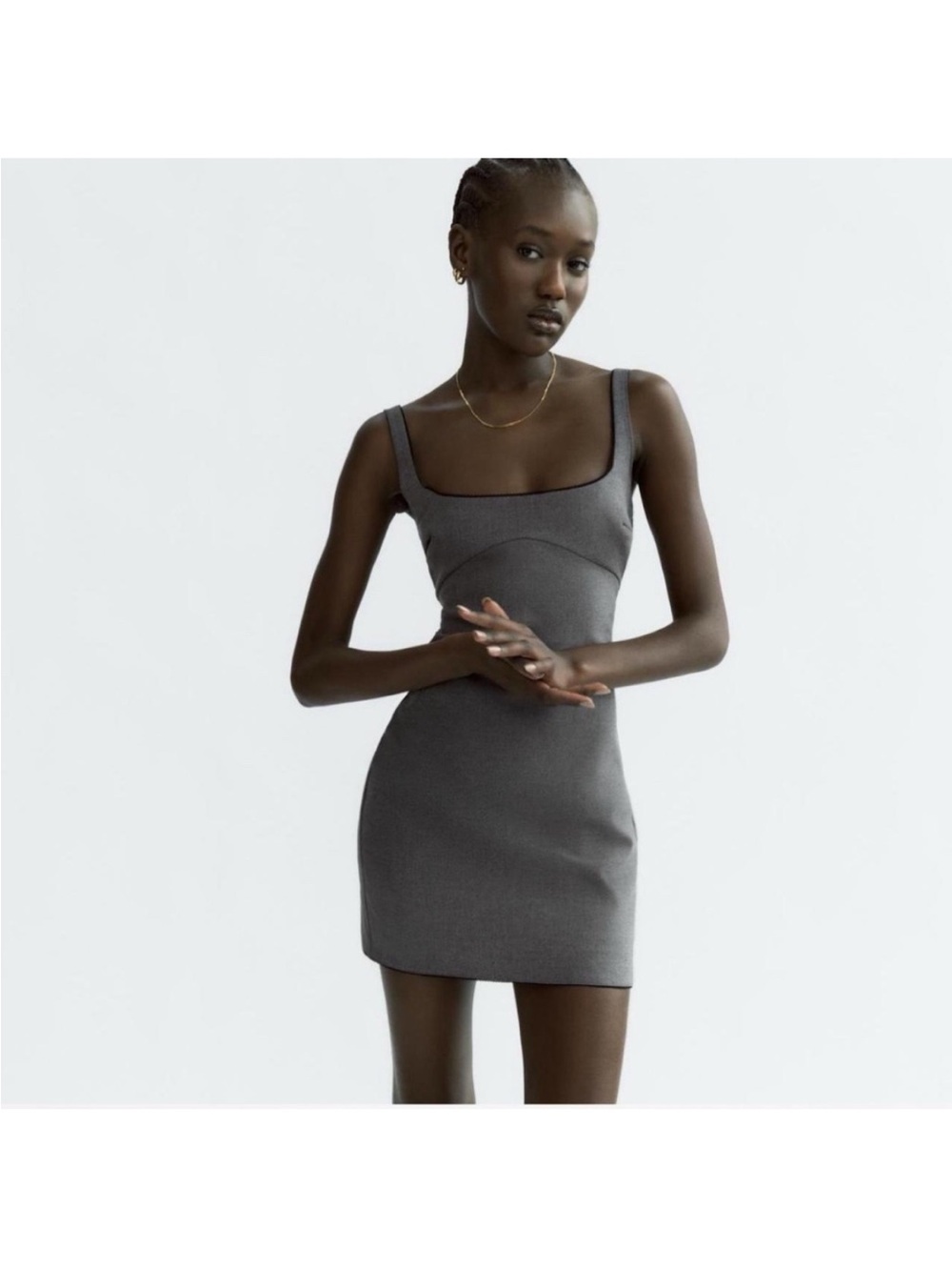 BNWT Zara Fitted Lace Trim Square-Neck Bodycon Mini Dress - Gray Sz L